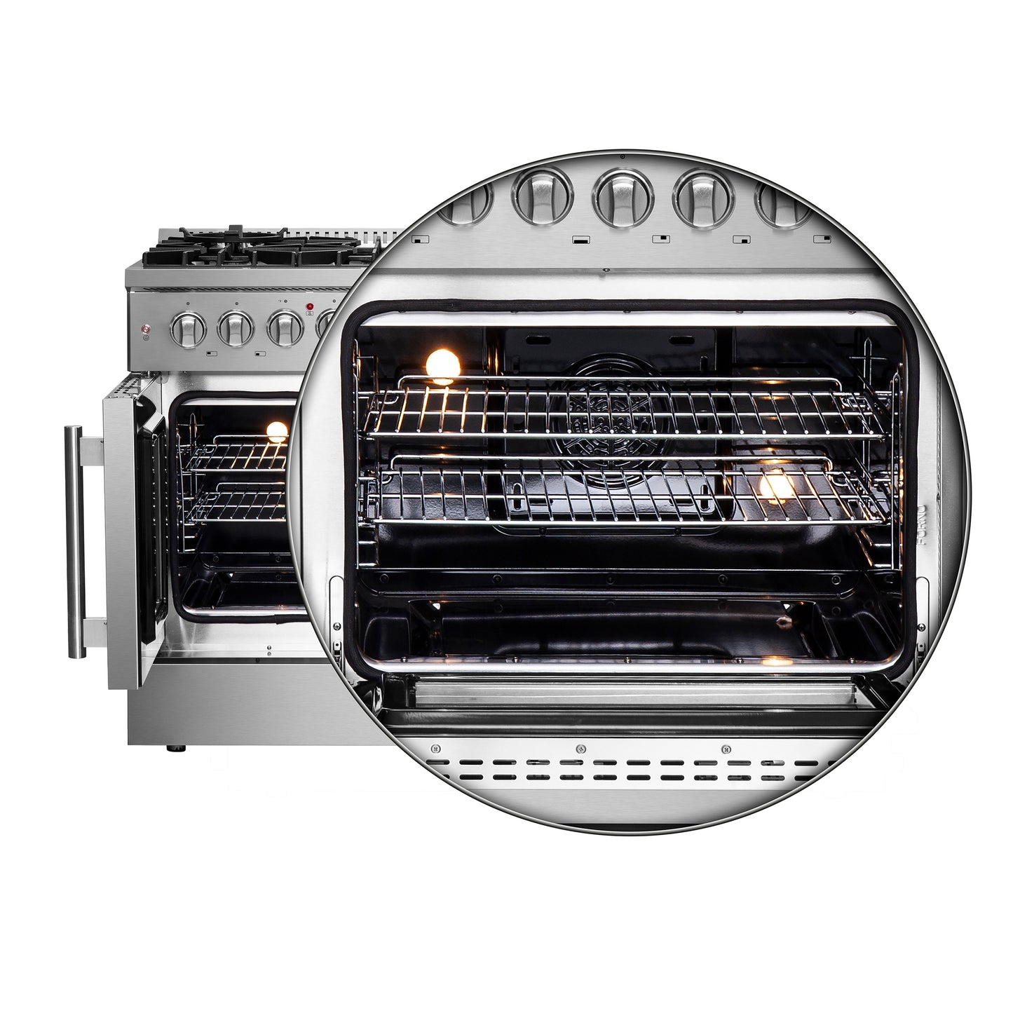 FORNO Galiano 48-Inch French Door Dual Fuel Range All Stainless Steel, 8 Sealed Burners, 107,000 BTU, Griddle, 6.58 cu.ft. Double Ovens