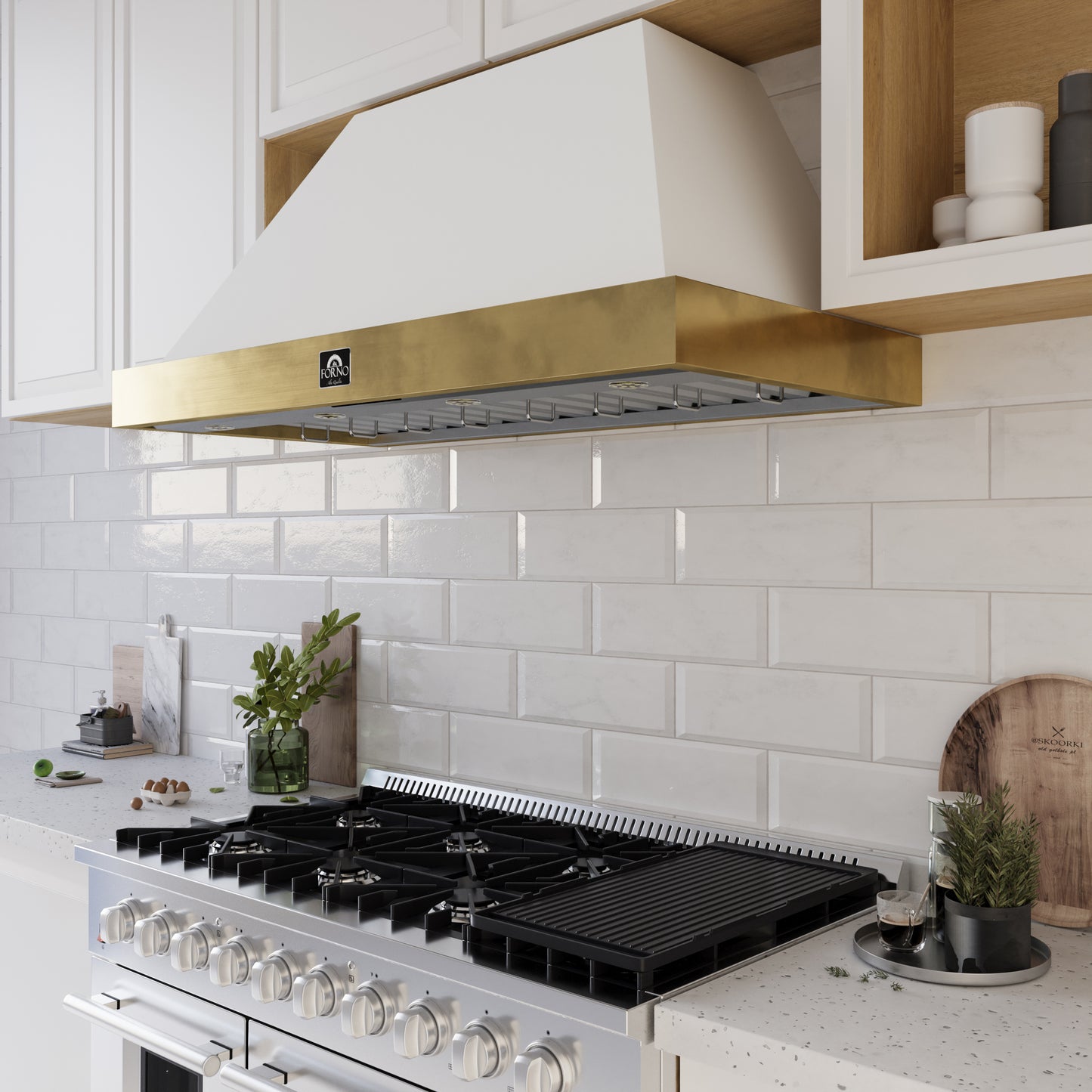 Forno Vittorio 48-Inch Wall Mount Range Hood, White with Antique Brass Trim, 424 CFM Airflow, Dishwasher-Safe Baffle Filters, Remote Control, 3-Speed Fan, Bright LED Lighting