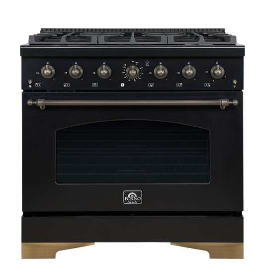 Forno Antico 36-inch Dual Fuel Range, Black and Antique Brass, 6 Burners, 4.5 cu.ft. Convection Oven