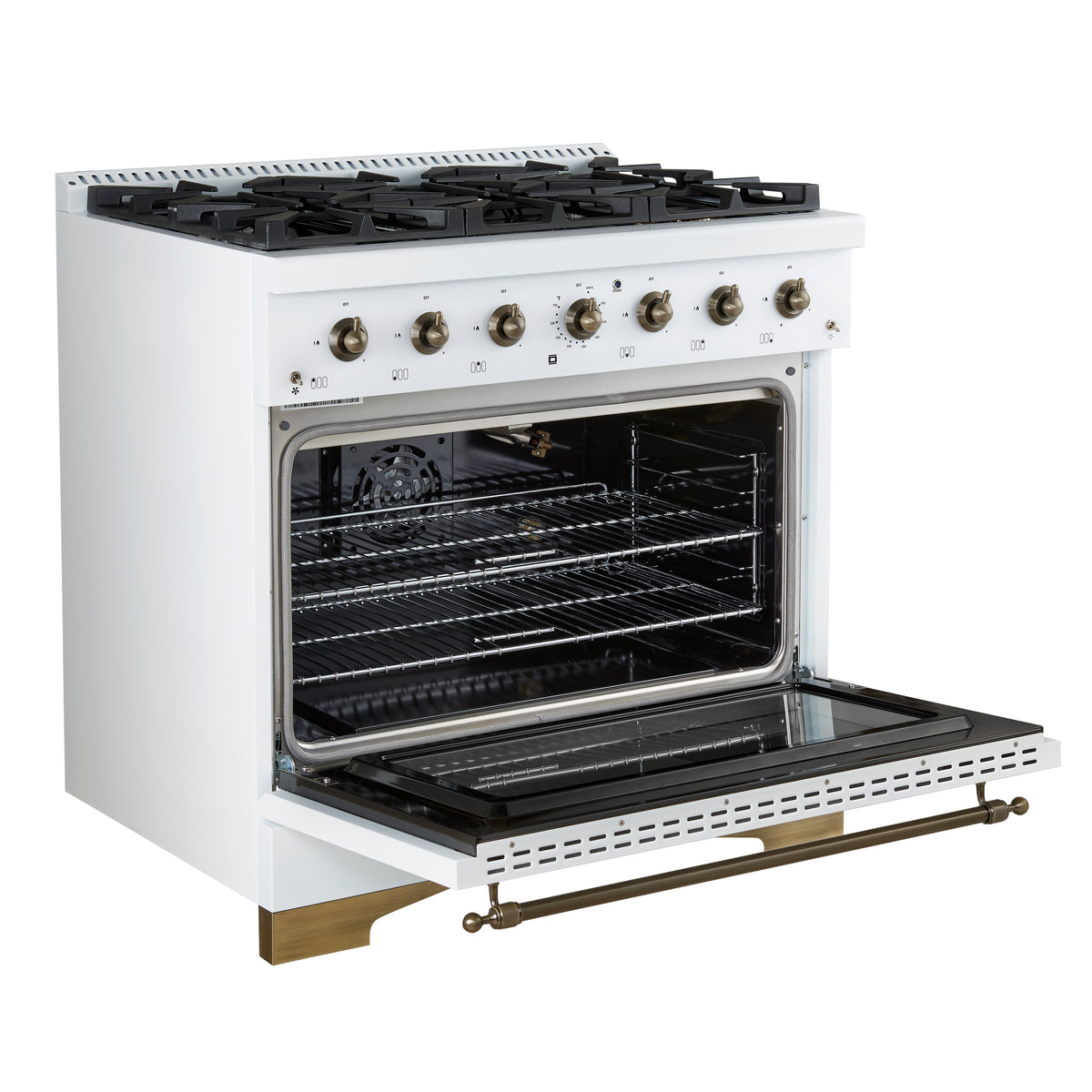 Forno Antico 36-inch Dual Fuel Range White and Antique Brass Design with 6 Sealed Gas Burners and Electric Convection Oven