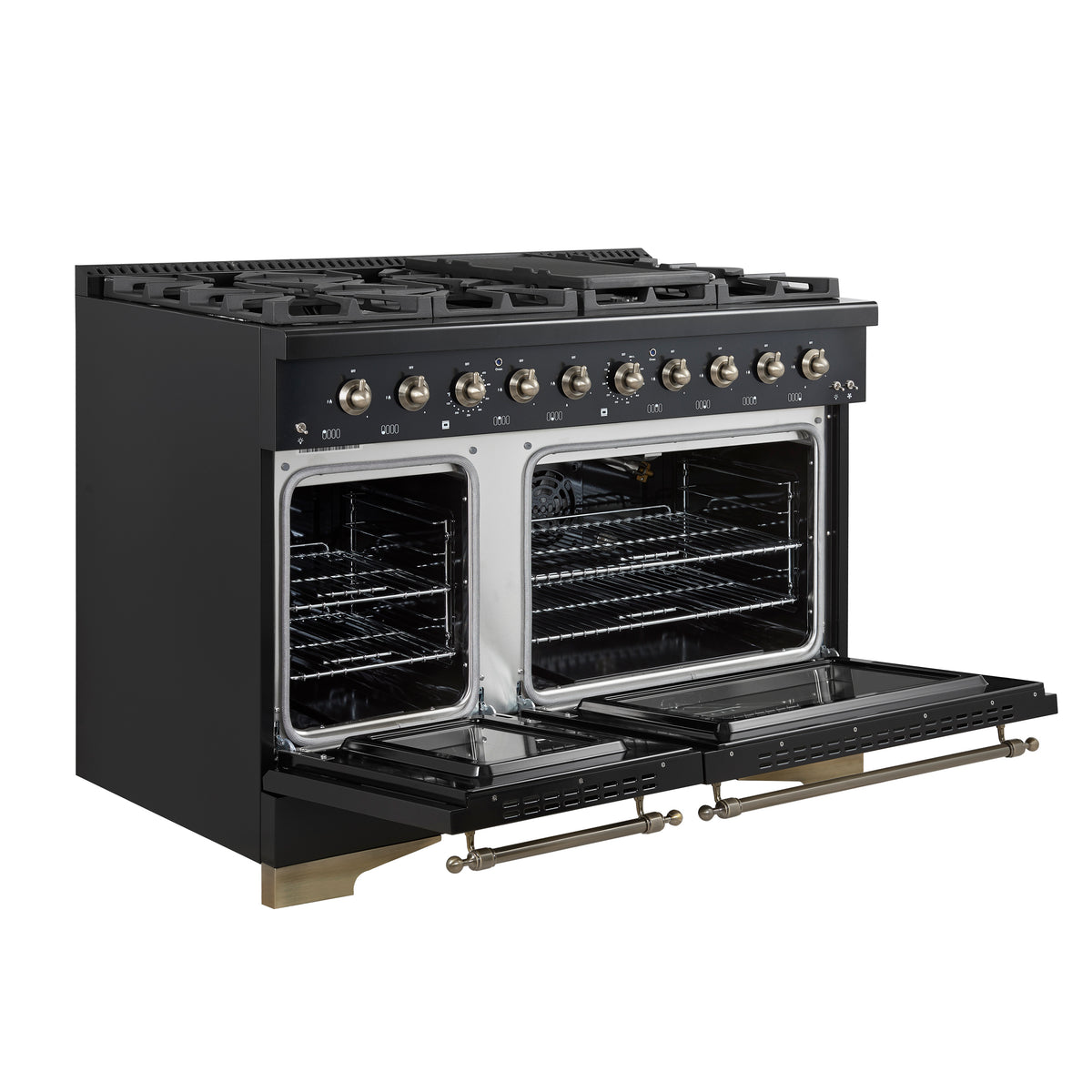 Forno Antico 48-Inch Freestanding Gas Range, Black, Antique Brass Design, 8 Burners, Griddle, Double Ovens, Energy Efficient